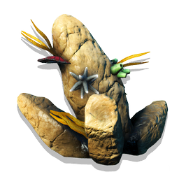 A rock formation pulled from the floor of a densely-populated ocean. The attached marine life is lacquered in a nutrient-rich mucus, to keep it fed and moist in terrestrial conditions.